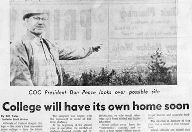 Historic Bend Bulletin clipping with headline College will have its own home soon