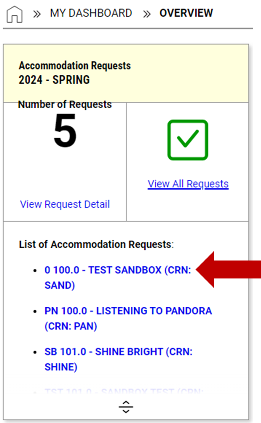 Accommodation Requests box. Pointing at course link under List of Accommodation Requests: