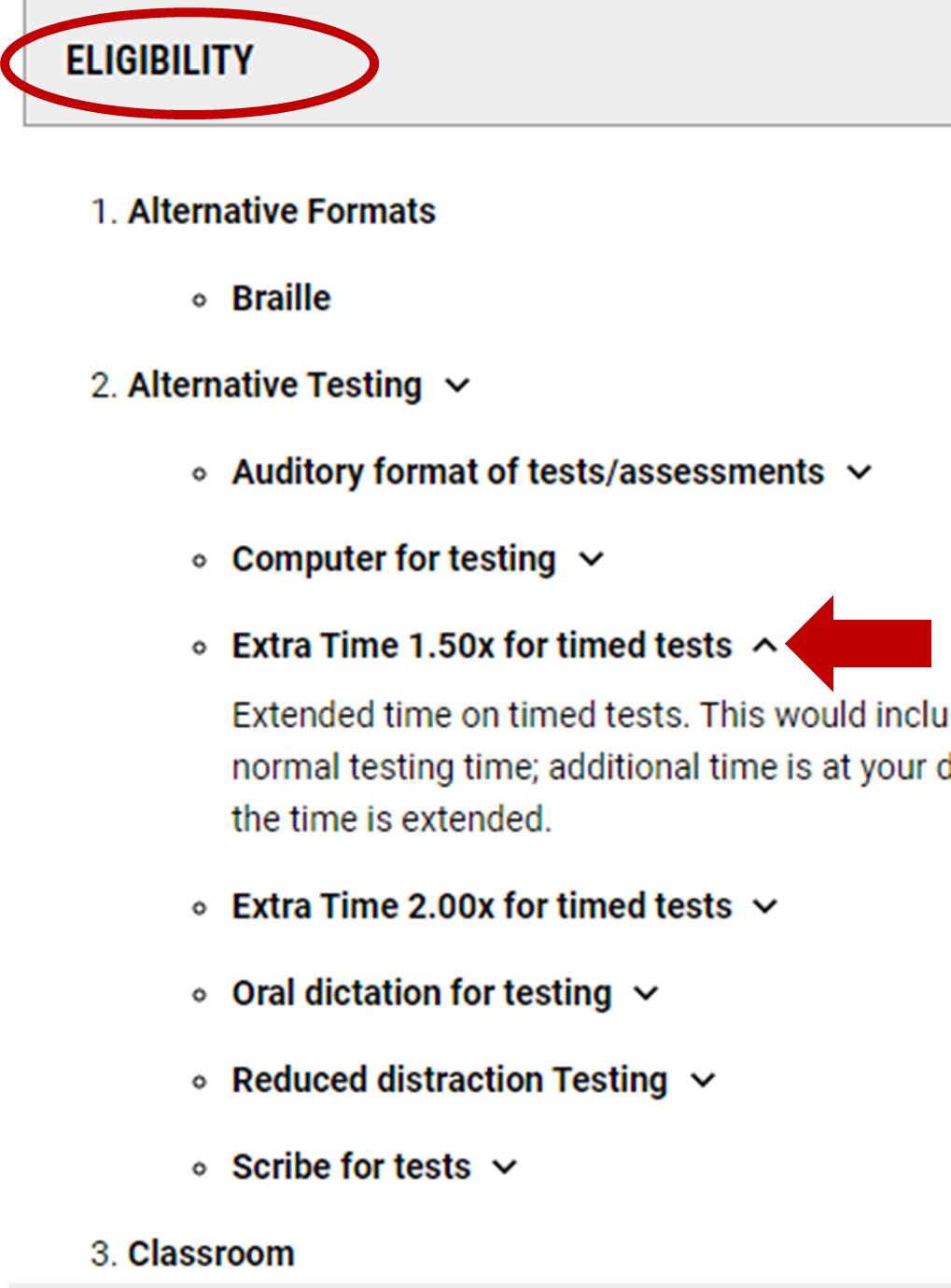 Eligibility titled circled in bold red. Red arrow pointing at drop arrow to expand description of accommodation