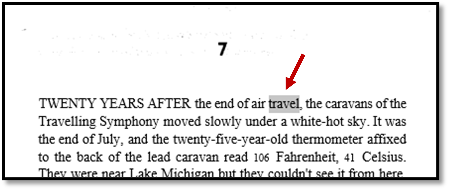 Screenshot of PDF passage with the word travel highlighted in grey with a red arrow pointing at it. 