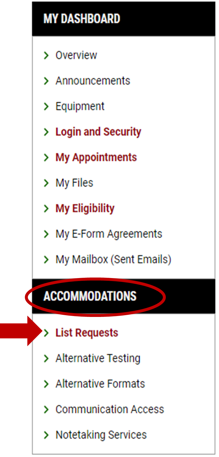 Screenshot of My Dashboard and Accommodations menu box. Accommodations circled in bold red. Red arrow is pointing at List Request tab. 