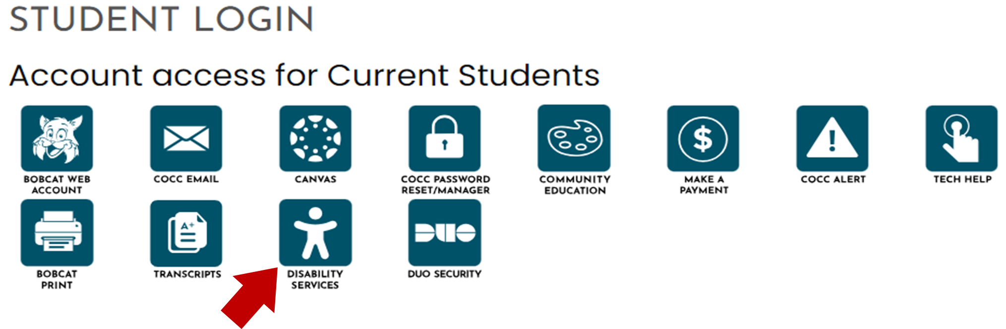 Student Login page arrow pointing at Disability services icon