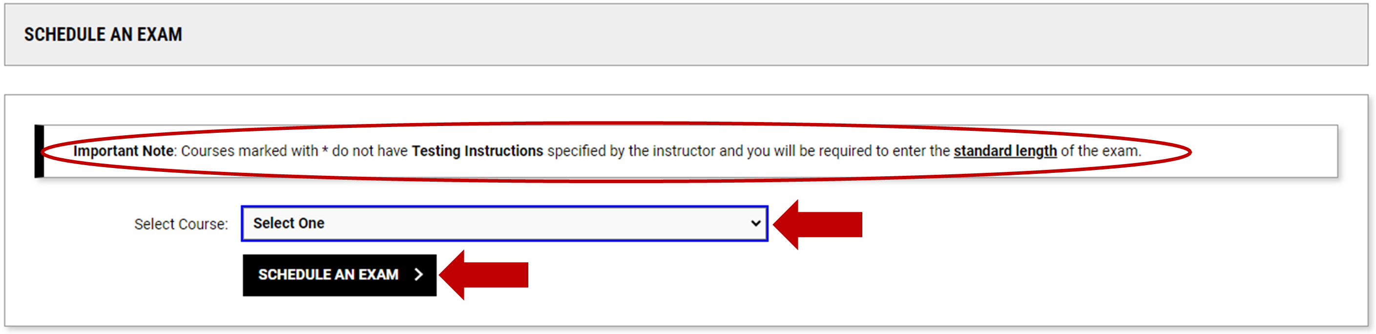 Schedule exam area with red arrows for importance