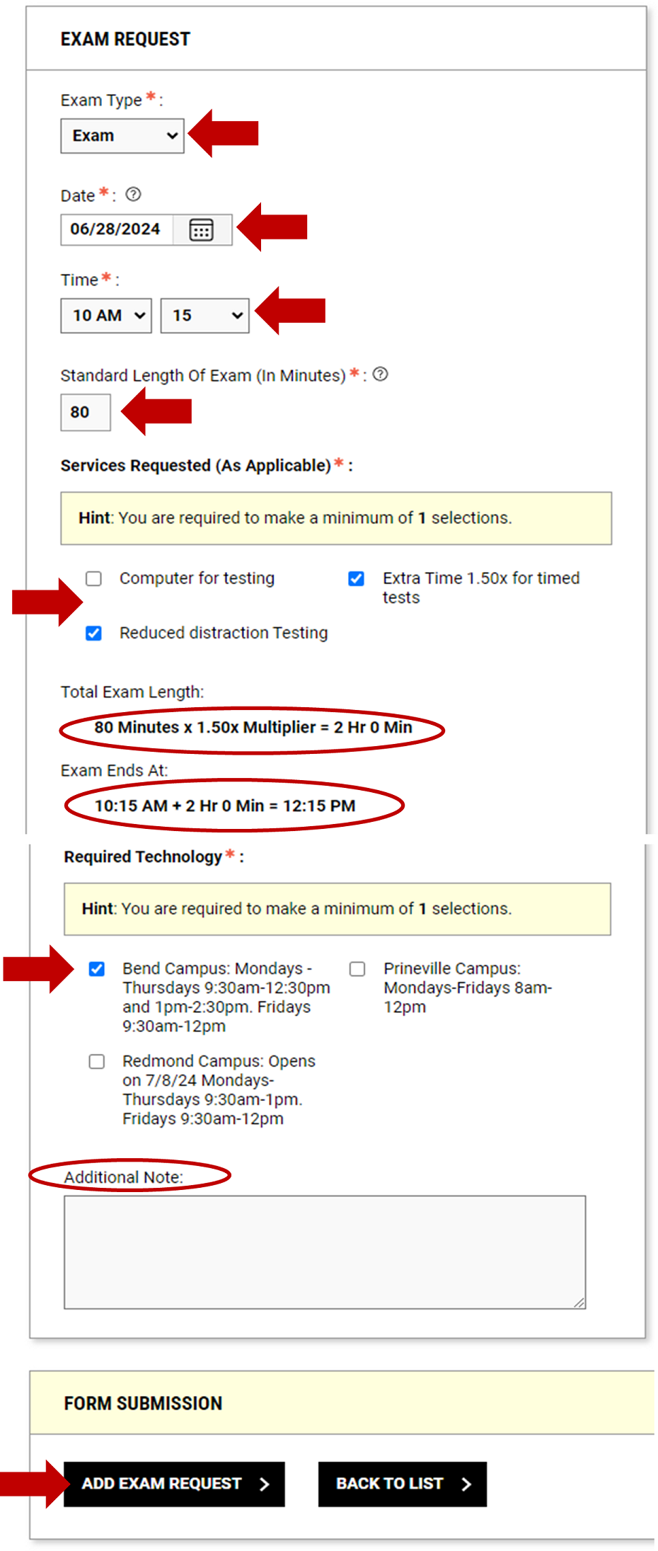 Exam request section with important sections highlighted