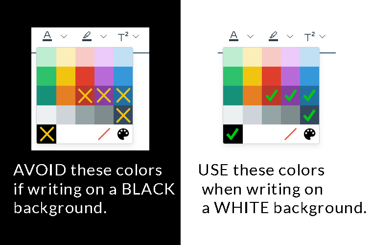 Graphic showing which of the default canvas palette images allow for suitable color contrast against white and black background.