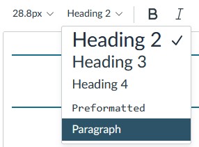Screenshot of the Canvas Rich Content Editor, with the Heading Styles dropdown menu open.