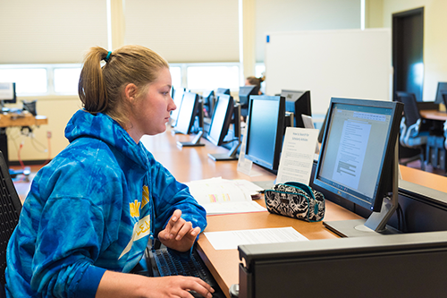 A young woman in a blue sweatshirt working at a computer station in one of COCCs computer labs.