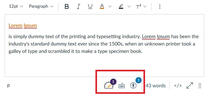 Screenshot of the Canvas Rich Content Editor. Orange text has been used and is being recognized by the accessibility checker.