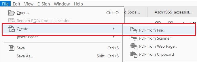 Screenshot of the Abobe File menu with the option 'Create PDF from File' highlighted