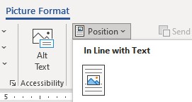 Screenshot of the MS Word menu picturing the "in-line" option for positioning images