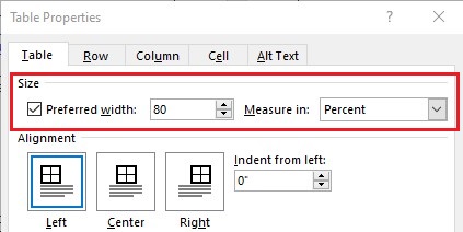 Screenshot of the table properties menu in MS Word, with a red square around the area to designate table width