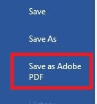 Screenshot of the 'Save to Adobe PDF' option in the Word File menu