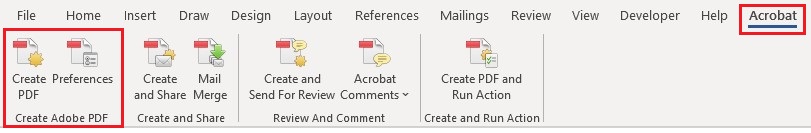 Screenshot of the 'Create PDF' option in the Word Ribbon Menu