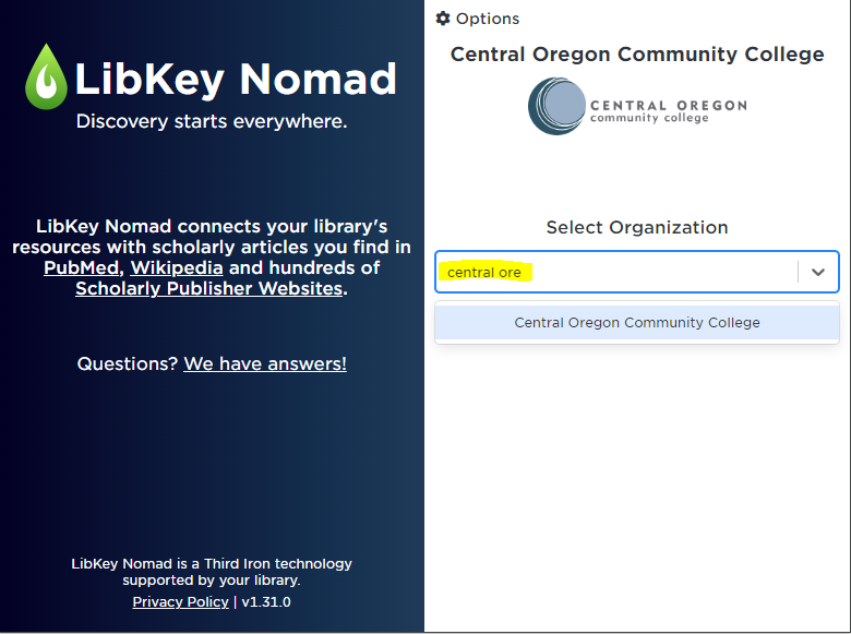 search for central oregon in LibKey Nomad settings