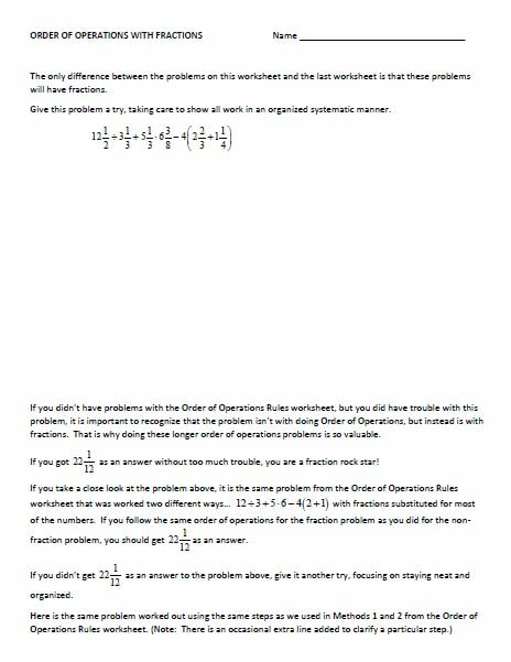 Order of Operations with Fractions Worksheet