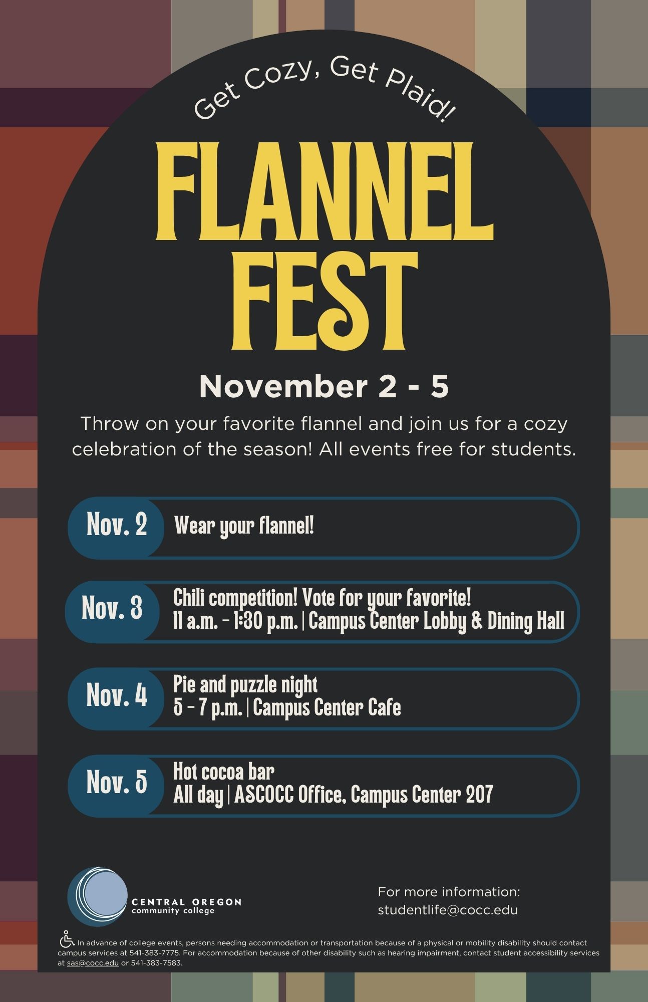 plaid poster detailing all the Flannel Fest events at the COCC Bend Campus