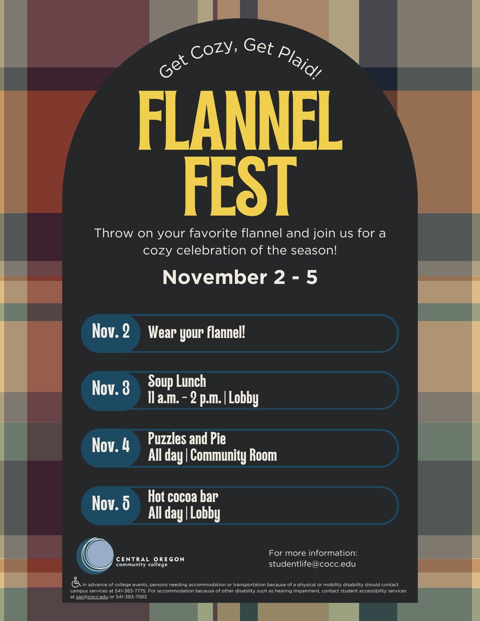 Plaid poster detailing events for Flannel Fest at the COCC Madras Campus