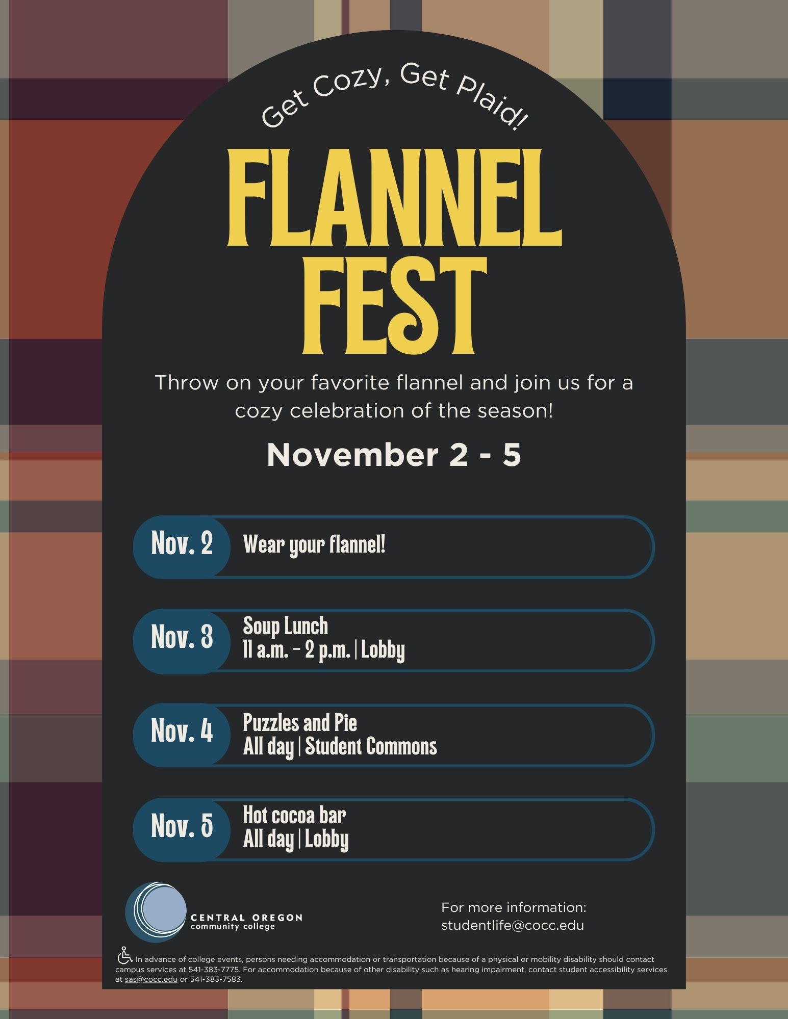 Plaid poster detailing events for Flannel Fest at the COCC Prineville Campus