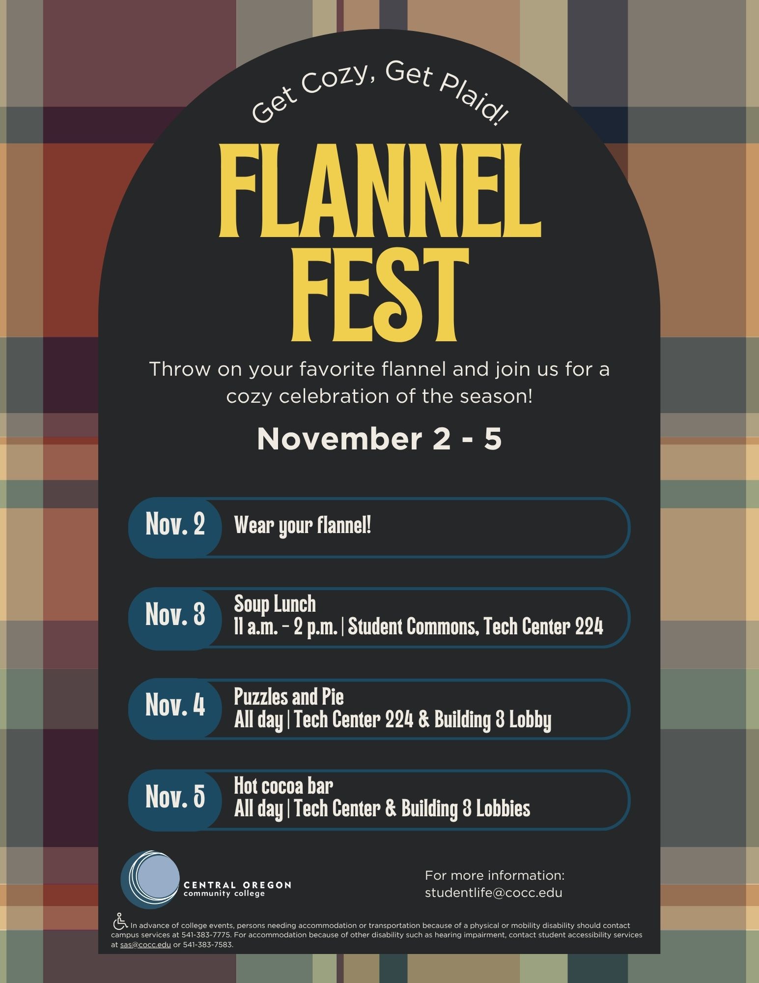Plaid poster detailing events for Flannel Fest at the COCC Redmond Campus