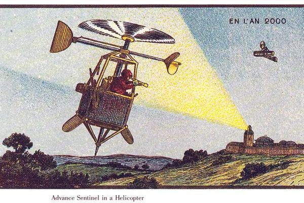 Historic rendinging of XXI man in helicopter that reads "Advanced Sentinel in Helicopter"